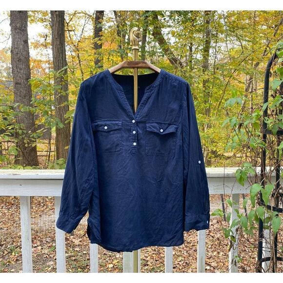 Talbots Black Linen V-Neck 1/4 Button Front Blouse - Picture 1 of 7